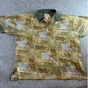 Vintage Woolrich Polo Shirt Mens Large Green Boxy Fit Fly Fishing Reel AOP Y2K